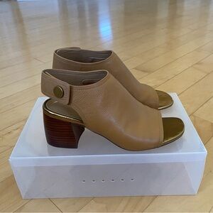 Vionic Valencia Leather Tan Open-Toe Heels with Gold Accents